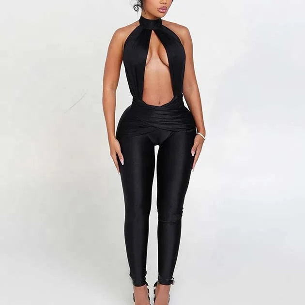 Autumn Sexy Women Sleeveless Halter Hollow Out Jumpsuits