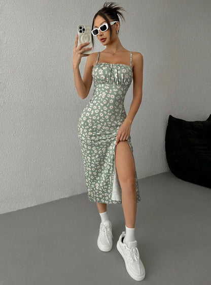 Women's Spaghetti Strap Floral Print Midi Dress, Bodycon Slit Hem Casual Summer Dress