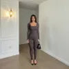 Autumn Hot Selling Long Sleeve Solid Color Fitness Ribbed Strech O-Neck Bodycon Women Jumpsuits