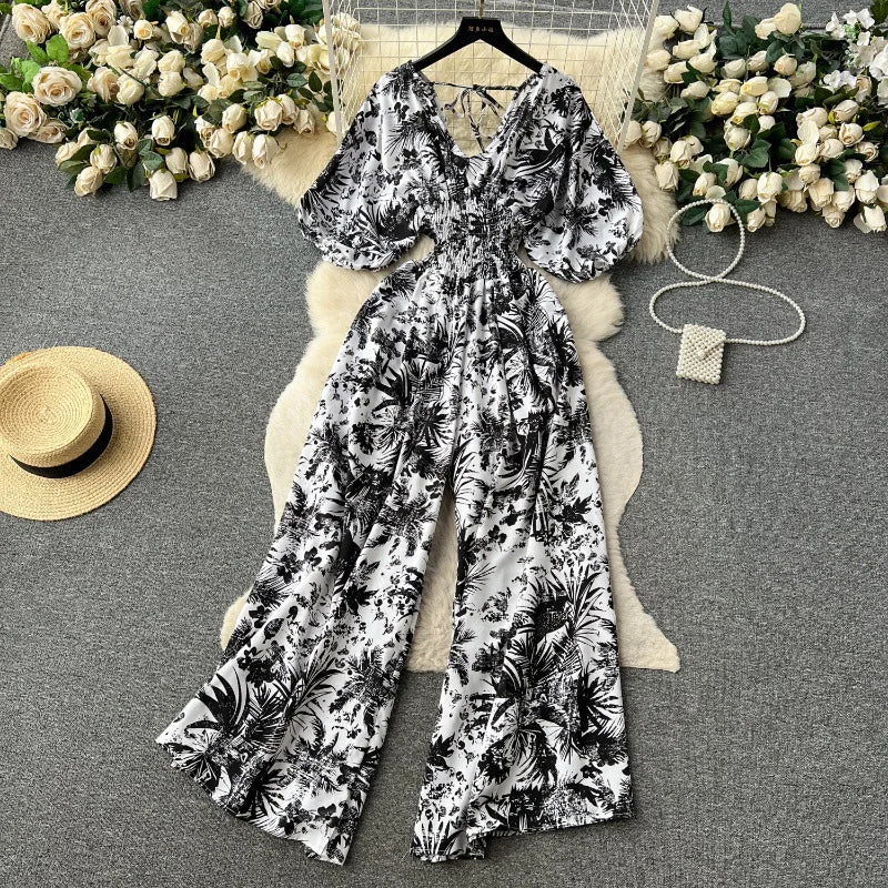 Casual V Neck Slim Jumpsuit for Women Puff Sleeve High Waist Printed Lace Long Jumpsuit Wholesale