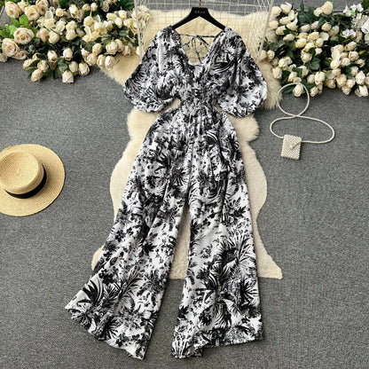 Casual V Neck Slim Jumpsuit for Women Puff Sleeve High Waist Printed Lace Long Jumpsuit Wholesale