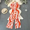 Fashion Short Sleeve V-Neck Casual High Waist Printed Wide Leg Jumpsuit
