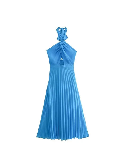 ZATRHMBM Summer Fashion Women's Backless Sleeveless Maxi Dress 2024 New Fashion Pleated Sexy Elegant Party Dress