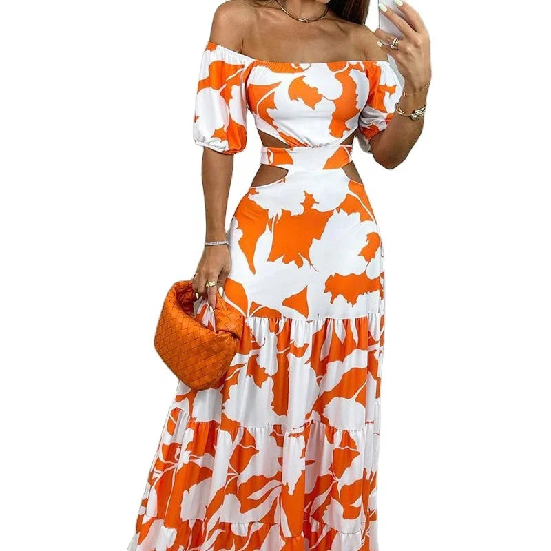 Fashion Women's Clothing Floral Print Temperament Slim Print Hollow Lace-up Dress