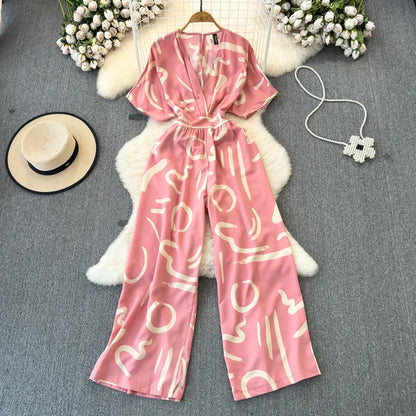 Fashion Short Sleeve V-Neck Casual High Waist Printed Wide Leg Jumpsuit