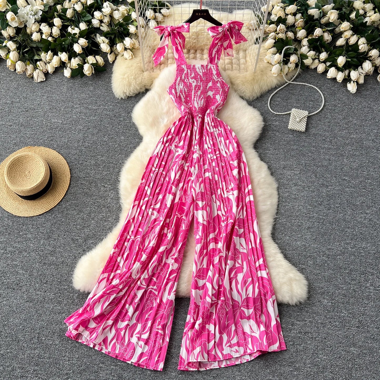 Summer Beach Style V-neck Tunic Jumpsuit for Women Sleeveless High Waist Floral Lace Long Jumpsuit Ladies Casual Overalls