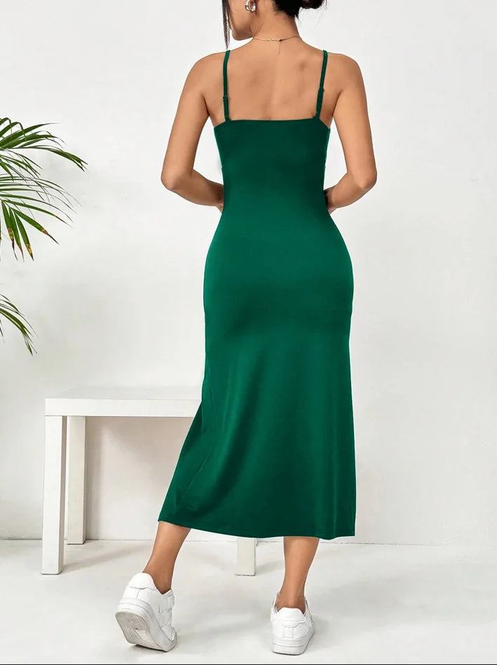 Women's Spaghetti Strap Floral Print Midi Dress, Bodycon Slit Hem Casual Summer Dress