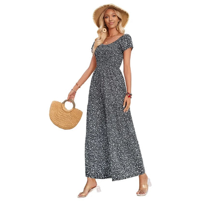 Fresh Printed Round Neck Short Sleeve Loose Breathable Comfortable Women's Jumpsuit Sehe Fashion