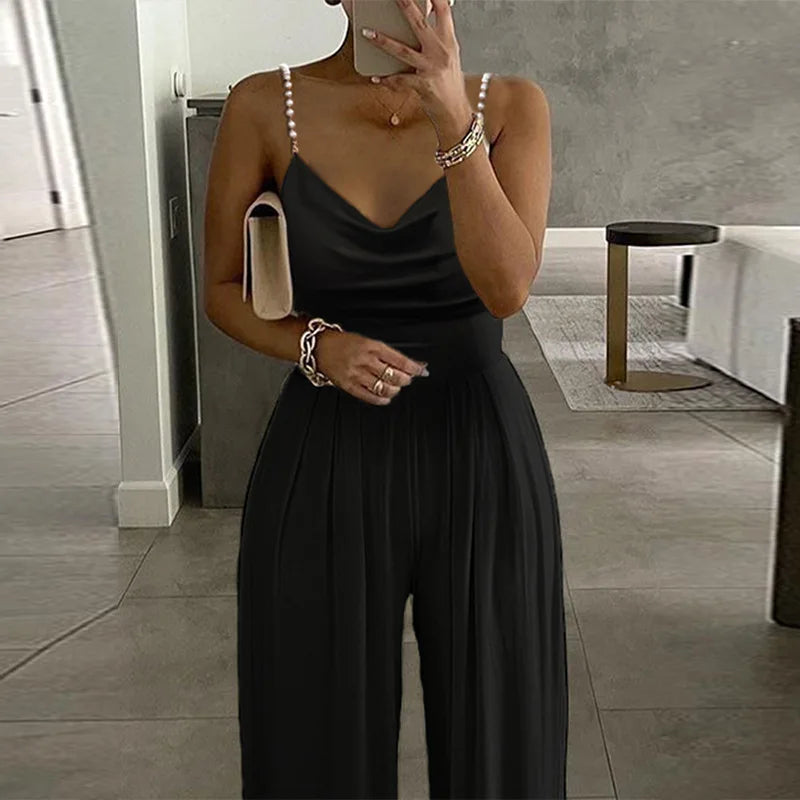 New Women's Summer Halter Jumpsuit with Pearl Sleeves and Wide Leg Casual Solid Color Hot Sale for Parties
