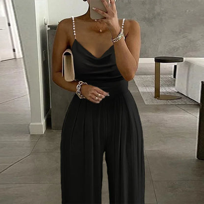 New Women's Summer Halter Jumpsuit with Pearl Sleeves and Wide Leg Casual Solid Color Hot Sale for Parties