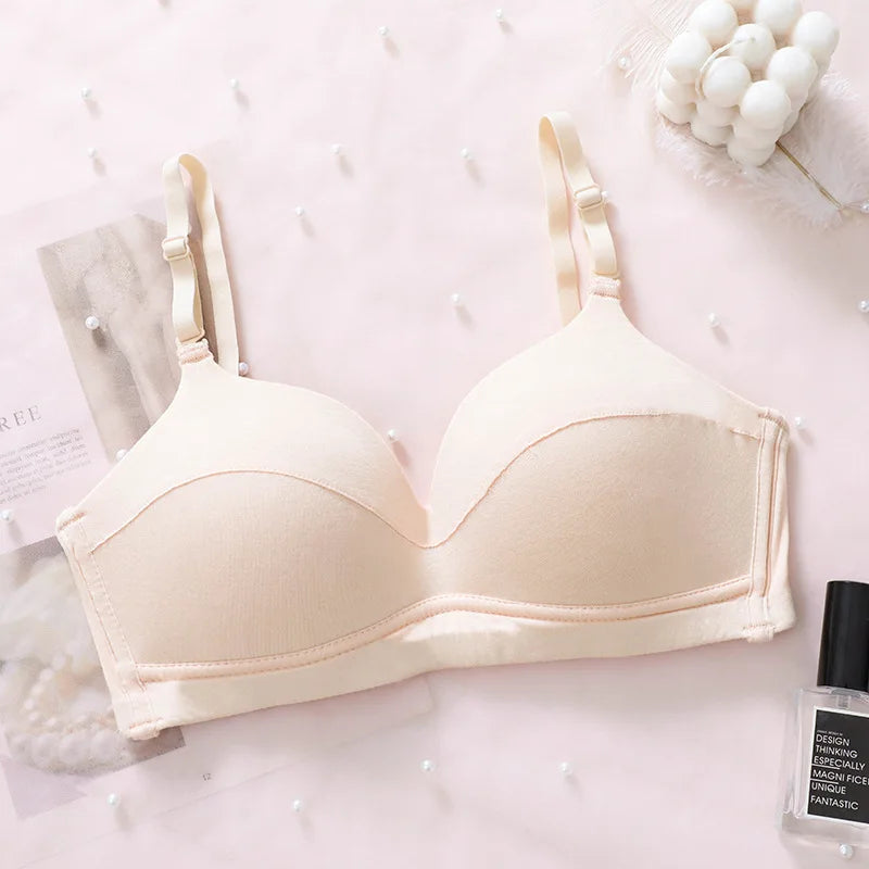 Women's Comfort Modal Wireless Bra Breathable Everyday T-Shirt Bra with Button Decoration Seamless and Knitted Push-up Style