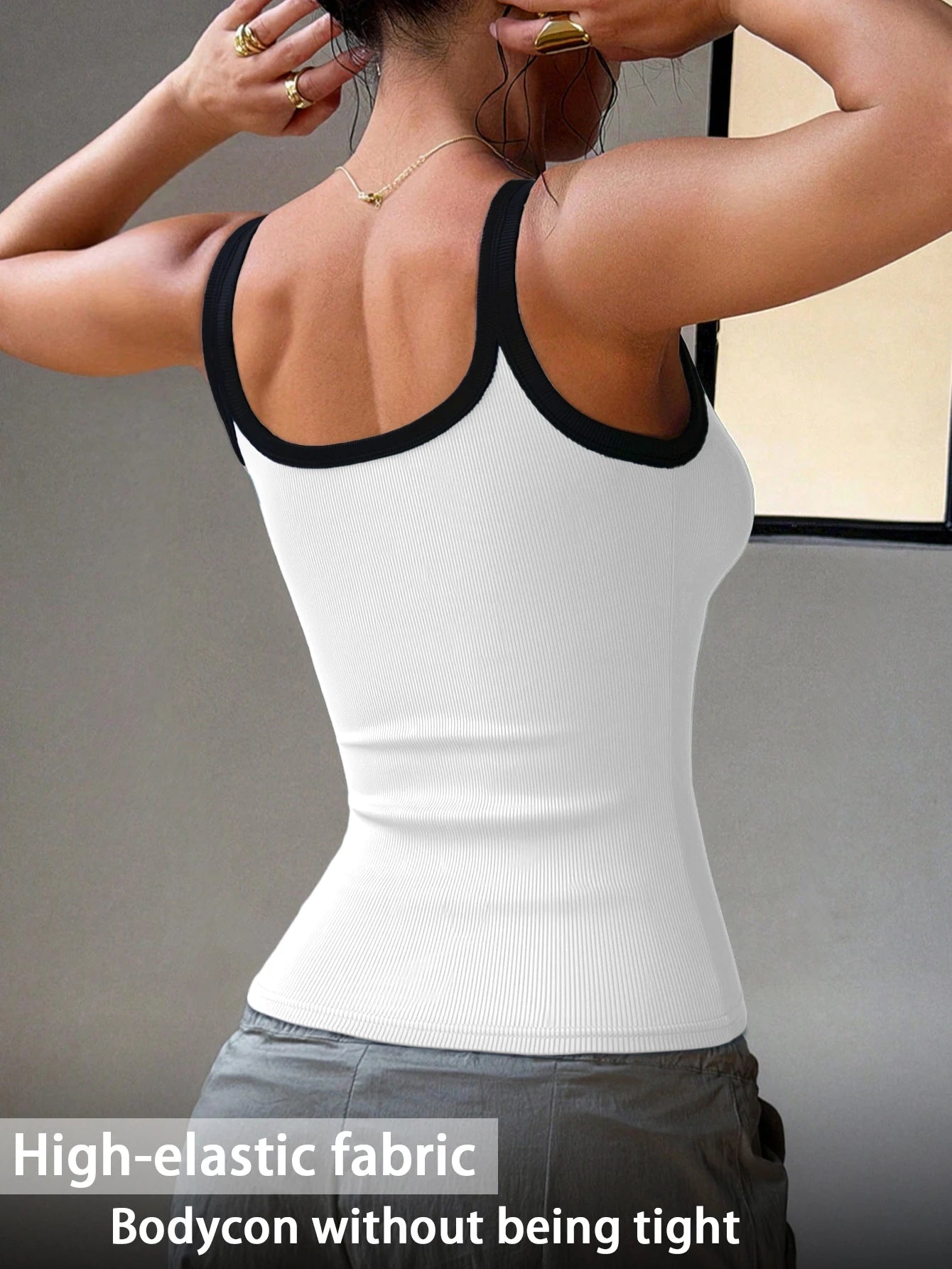 Women's Ribbed Color Block Tank Top V-Neck Wide Strap Fitted Cami High Elastic Seamless Workout Camisole for Yoga Daily Wear