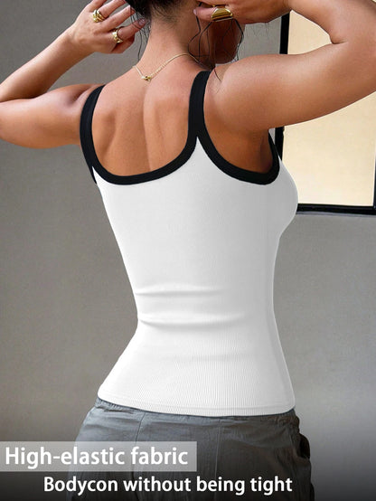 Women's Ribbed Color Block Tank Top V-Neck Wide Strap Fitted Cami High Elastic Seamless Workout Camisole for Yoga Daily Wear