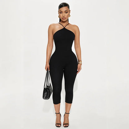 Sexy Halter Neck High Quality Ribbed Solid Color Casual Women Summer Jumpsuits One Piece