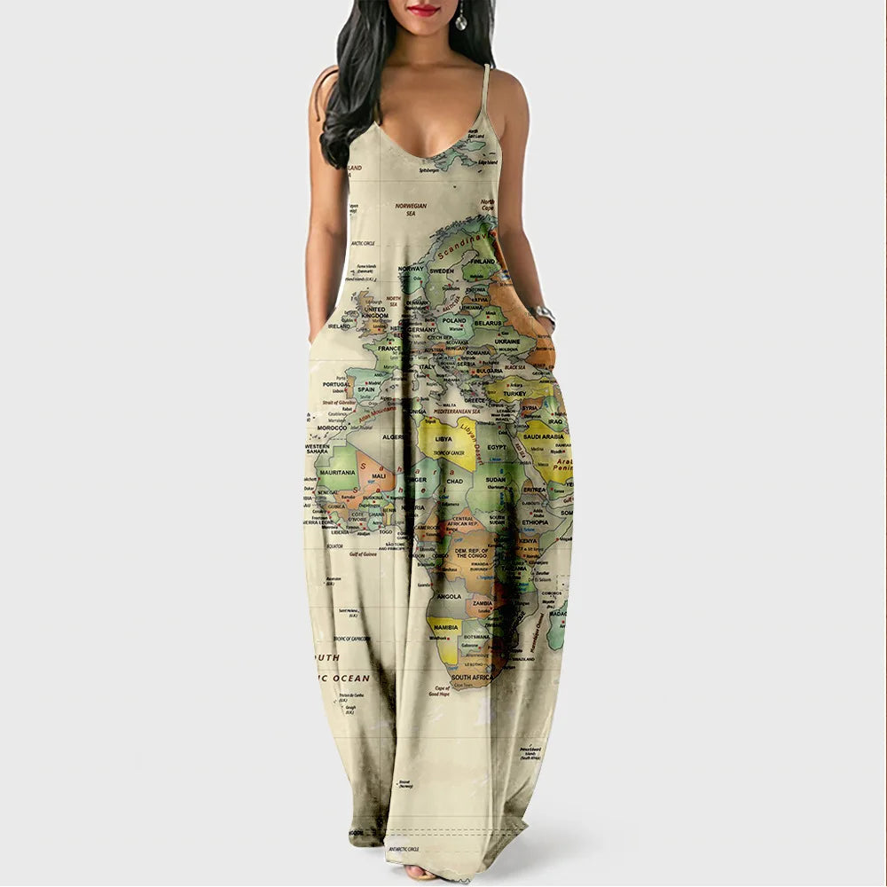 New Arrival Women Summer Clothing Earth Prints Long Maxi Dress Luxury Beachwear Clothes Plus Size 4XL Women's Cami Sun Dresses