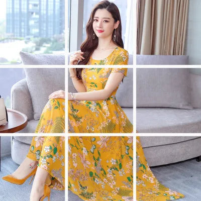 Summer Dress Women's Short-sleeved Temperament  Floral Round Neck Mid-length Floral Print Dress for Women