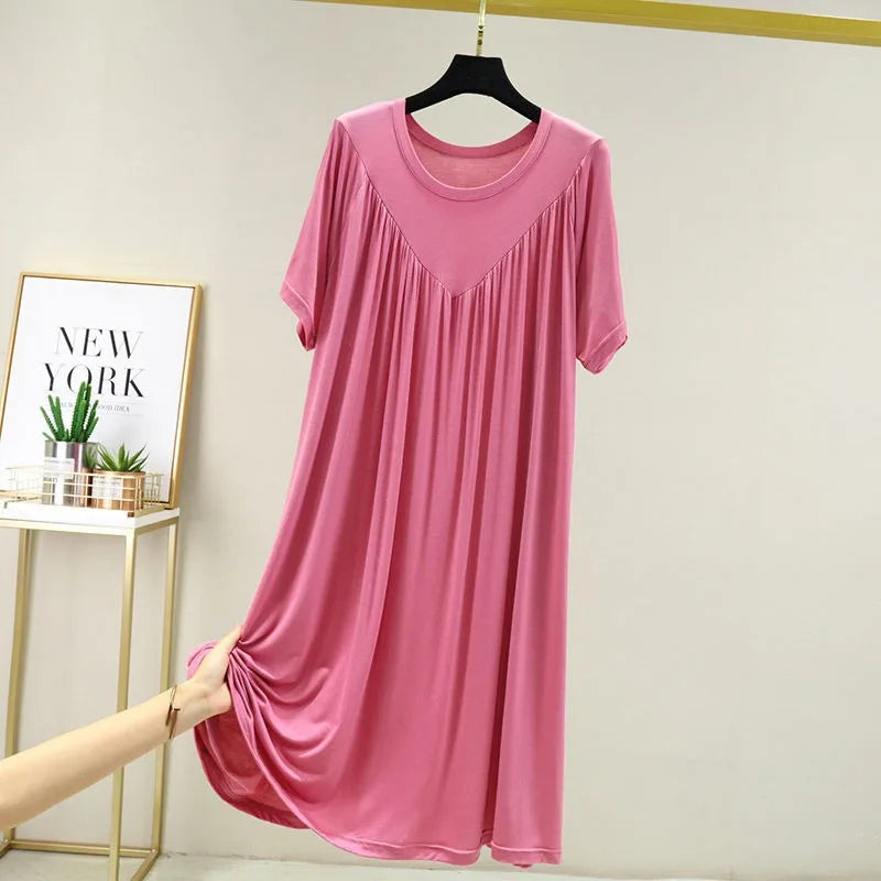 Summer New Women'S Loose Versatile Short-Sleeved Round Neck Nightgown Solid Color Dresses