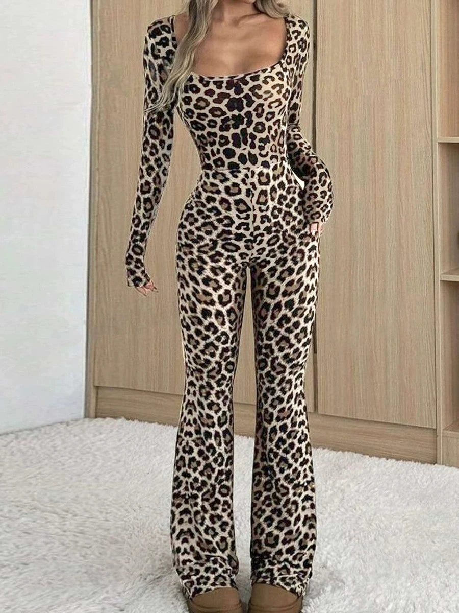 Women Chic Leopard Print Long-Sleeve Jumpsuit Elegant Sexy Design Slim Women Casual Jumpsuits Bodysuits