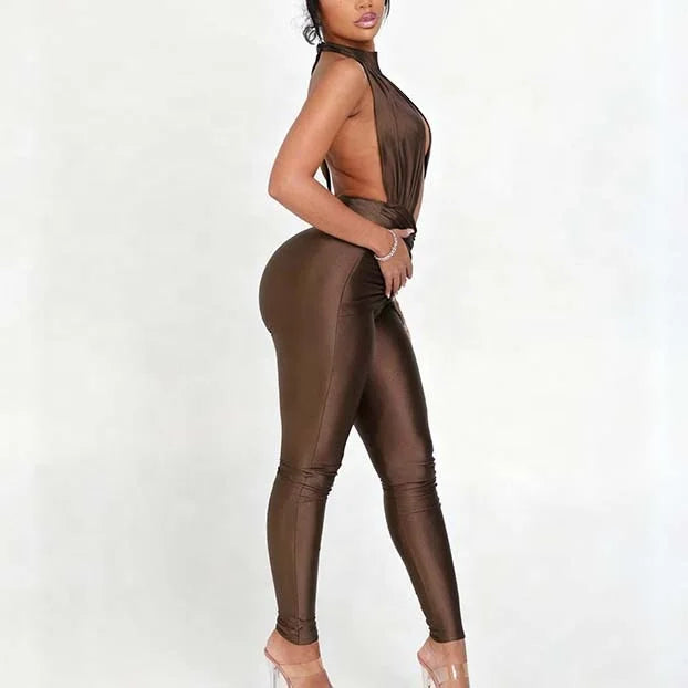 Autumn Sexy Women Sleeveless Halter Hollow Out Jumpsuits