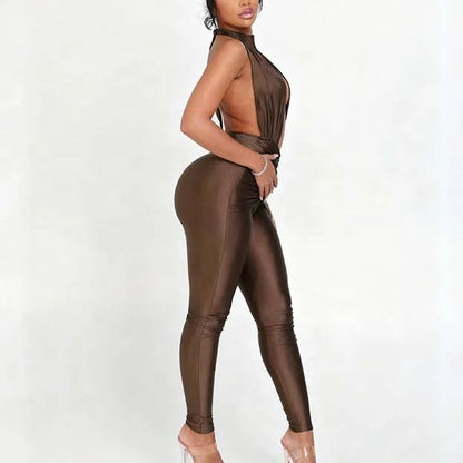 Autumn Sexy Women Sleeveless Halter Hollow Out Jumpsuits