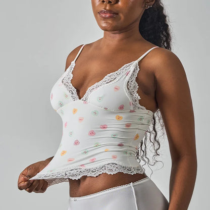 SK1268 Deep V Lace Trim Sleeveless  Cami Top with Nylon Spandex Fabric Mid Stretch Slim Fit Daily Layering Tank