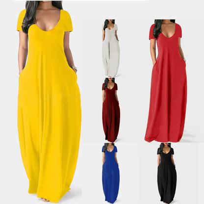 Women's Solid Color Sexy Deep V Neck Suspender Strap Loose Pockets Suspender Skirt