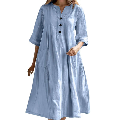 Women's Solid Color Medium Long Dress V-neck Half Sleeve Loose Pocket Dress Custom logo