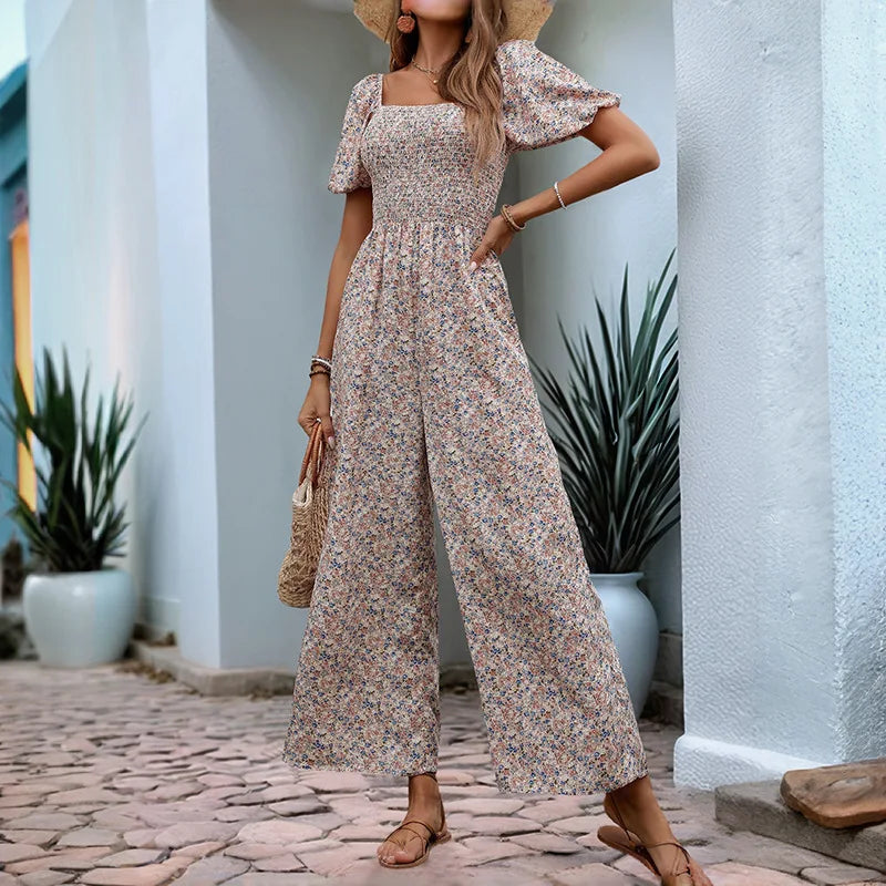 Floral Print Jumpsuit Bubble Sleeves Women's Jumpsuits Playsuits Slim Fit Tight Square Collar Shirring Wide Leg Pants Rompers