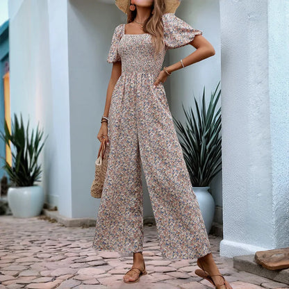 Floral Print Jumpsuit Bubble Sleeves Women's Jumpsuits Playsuits Slim Fit Tight Square Collar Shirring Wide Leg Pants Rompers