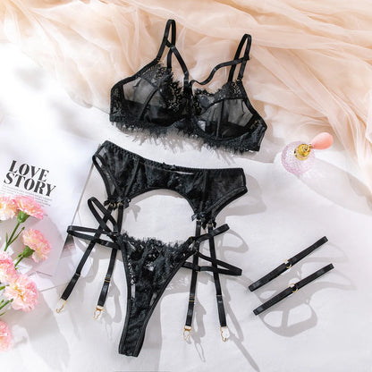 Chuangerm in Stock Eyelash Fringe Sheer Lace Lingerie Garter Belt Underwire Bra Hollow Out Black Lingerie Women