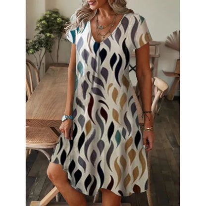 Women's Party Formal V-Neck Summer Jersey Dress Long Knee Floral Printed Full Digital Regular Fit Short Sleeved Woven Breathable