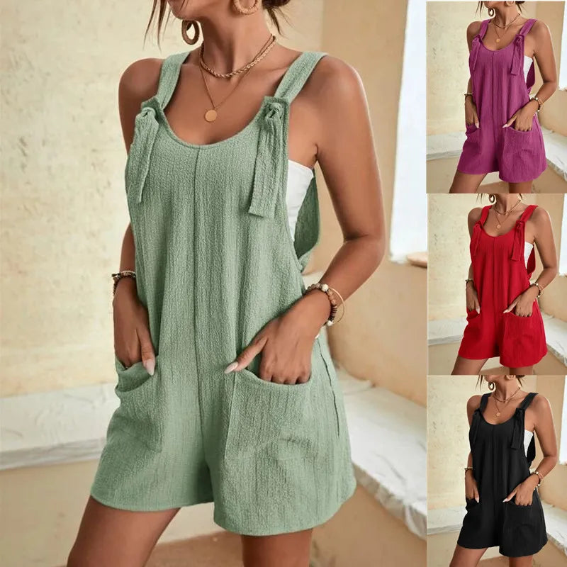Summer Casual Halter Loose Suspenders Playsuit Sleeveless Sexy Short Jumpsuit with Pockets Women Wholesale Fashion