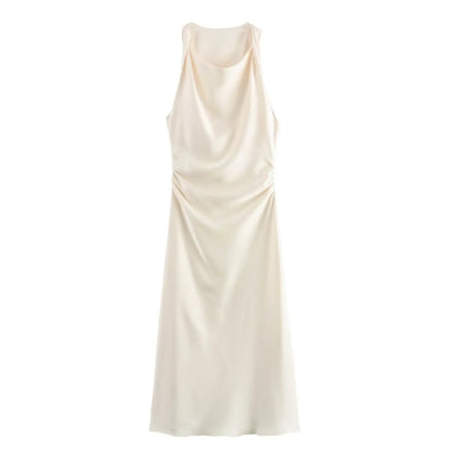 2024  Women's Purple Satin Midi Dress New Sleeveless Slim Pleated Vest Long Skirt Pattern Solid Vestidos Mujer