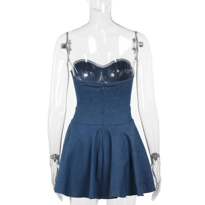 Strapless off Shoulder Denim Mini Dress Clubwear for Women's 2024 Summer Vintage Jeans Dresses