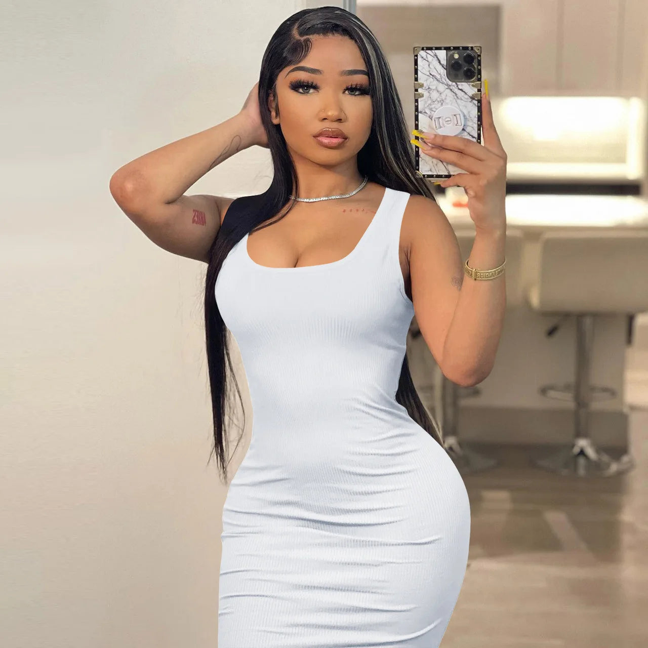 2024 Women's Elegant Summer Bodycon Maxi Dress Square Collar Sleeveless Casual Party Natural Waist Digital Printing Breathable