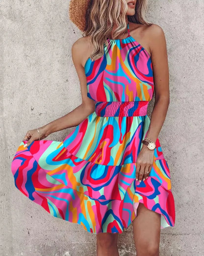 Women Clothes 2024 Spring and Summer New Fashion Sexy Off-shoulder Halter Neck Pattern Print Women's Dress