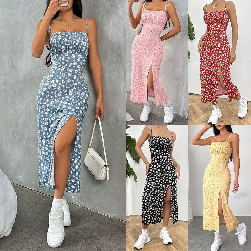 Women's Spaghetti Strap Floral Print Midi Dress, Bodycon Slit Hem Casual Summer Dress