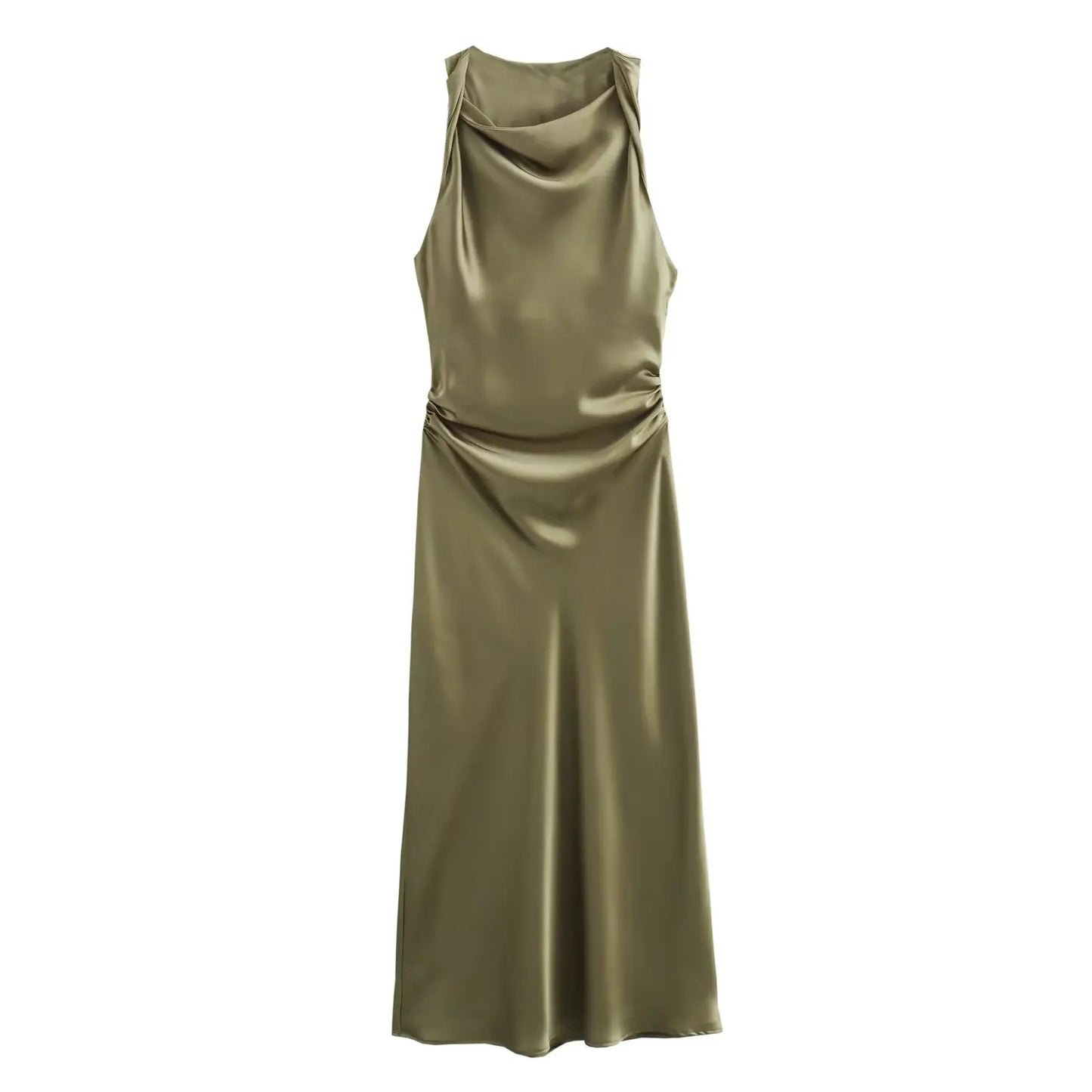 2024  Women's Purple Satin Midi Dress New Sleeveless Slim Pleated Vest Long Skirt Pattern Solid Vestidos Mujer
