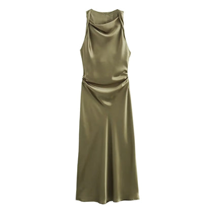 2024  Women's Purple Satin Midi Dress New Sleeveless Slim Pleated Vest Long Skirt Pattern Solid Vestidos Mujer