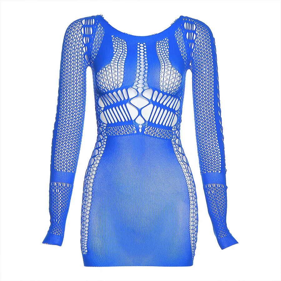 Summer Party Club Beach Wear Women's Long Sleeve Mini Dress Bodycon Sexy Body Shape Hollow Out See Through Mesh Dresses Women