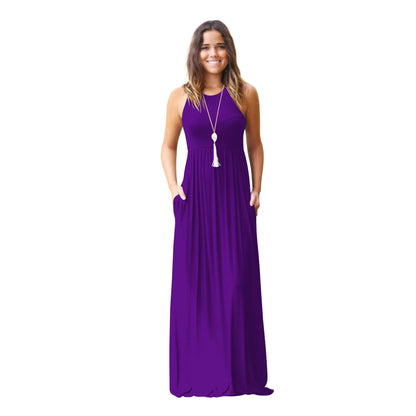 Female Solid Long Boho Dress Lady Beach Summer Sundrss Maxi Dress Women's Sleeveless Solid Color Pocket Dress Vestido De Verano