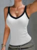 Women's Ribbed Color Block Tank Top V-Neck Wide Strap Fitted Cami High Elastic Seamless Workout Camisole for Yoga Daily Wear