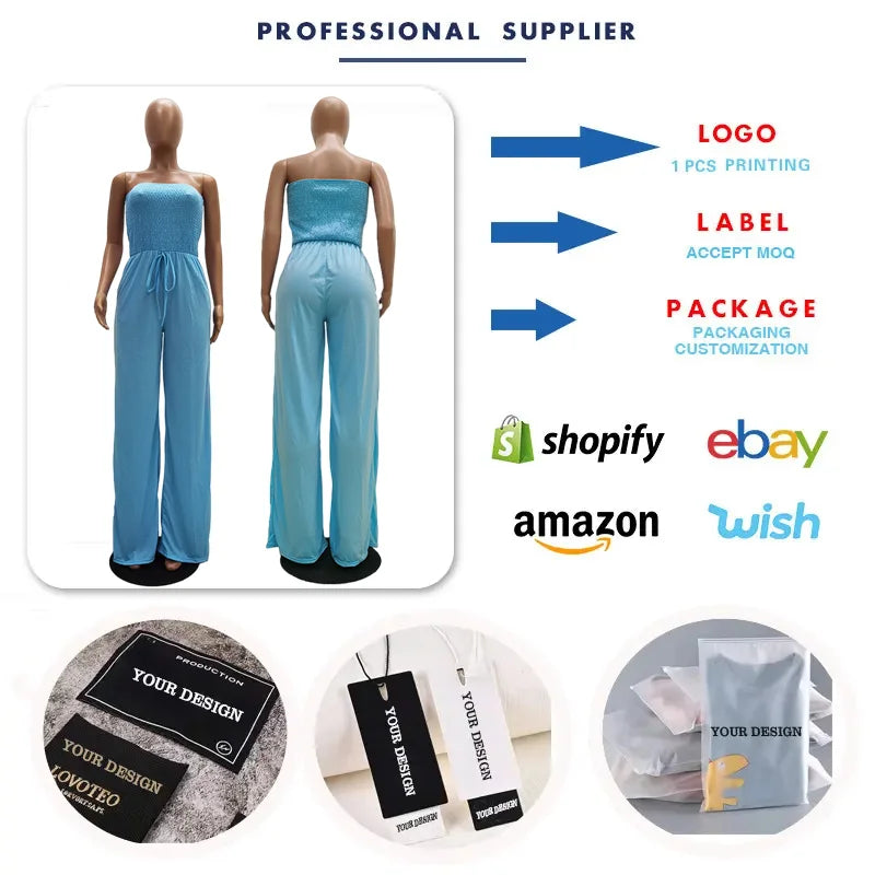 TS1035 Trendy Summer Jumpsuit Women Casual Strapless Sleeveless Pleated Wide Leg One Piece Jumpsuits With Pocket