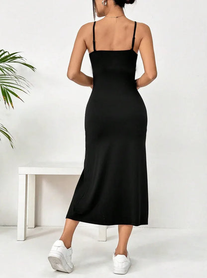 Women's Spaghetti Strap Floral Print Midi Dress, Bodycon Slit Hem Casual Summer Dress