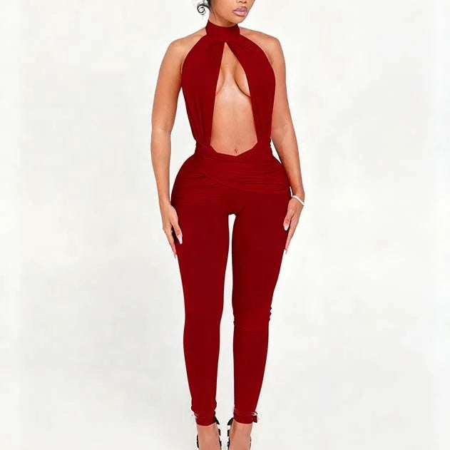 Autumn Sexy Women Sleeveless Halter Hollow Out Jumpsuits