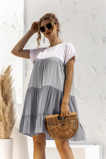 ANSZKTN Spring Summer Pacthwork Hot Selling Color Blocking Short Sleeve Loose Casual Dresses for Women