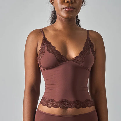 SK1268 Deep V Lace Trim Sleeveless  Cami Top with Nylon Spandex Fabric Mid Stretch Slim Fit Daily Layering Tank