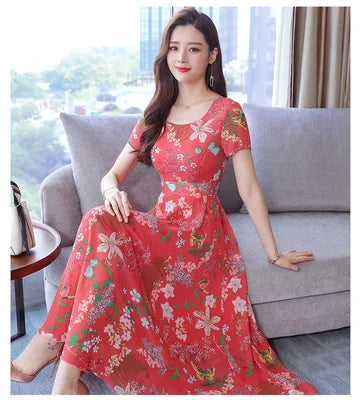 Summer Dress Women's Short-sleeved Temperament  Floral Round Neck Mid-length Floral Print Dress for Women