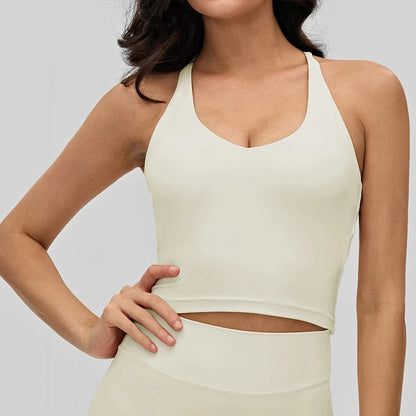 Women Cross Back Yoga Tank Top Deep V Neck Adjustable Thin Straps Removable Padded Workout Cami Top for Pilates Training
