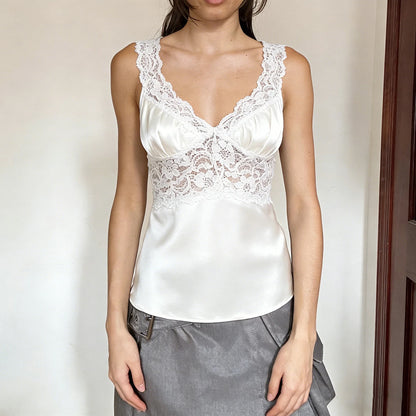 Z-2997 Women's White Lace V-Neck Satin Camisole Soft Breathable Sleeveless Tank with Wide Straps Elegant Casual Sheer Top